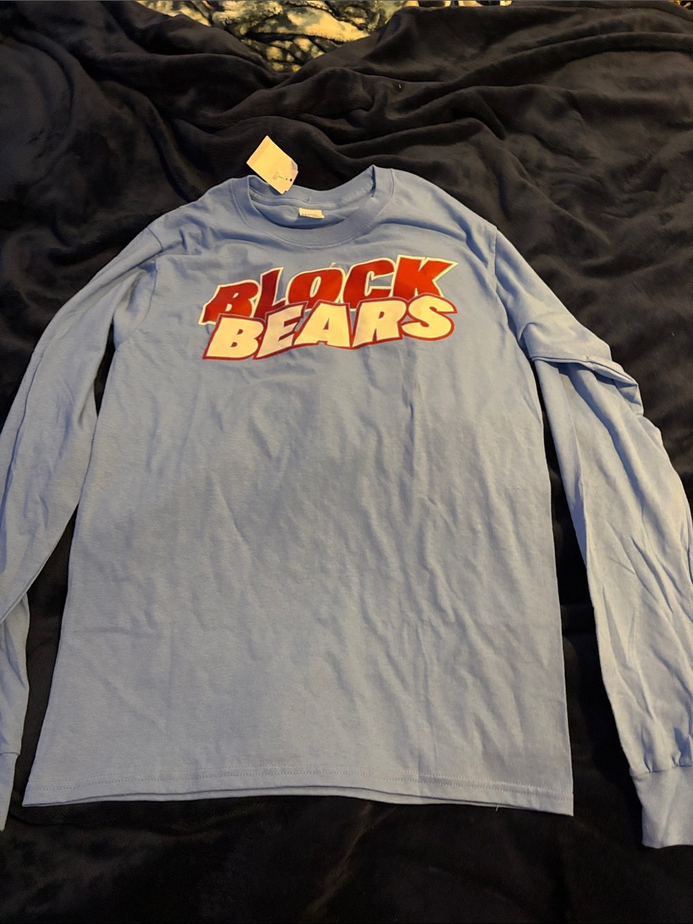 Hanes Light Blue Long Sleeve Tee with Red and White "Block Bears" Graphic
